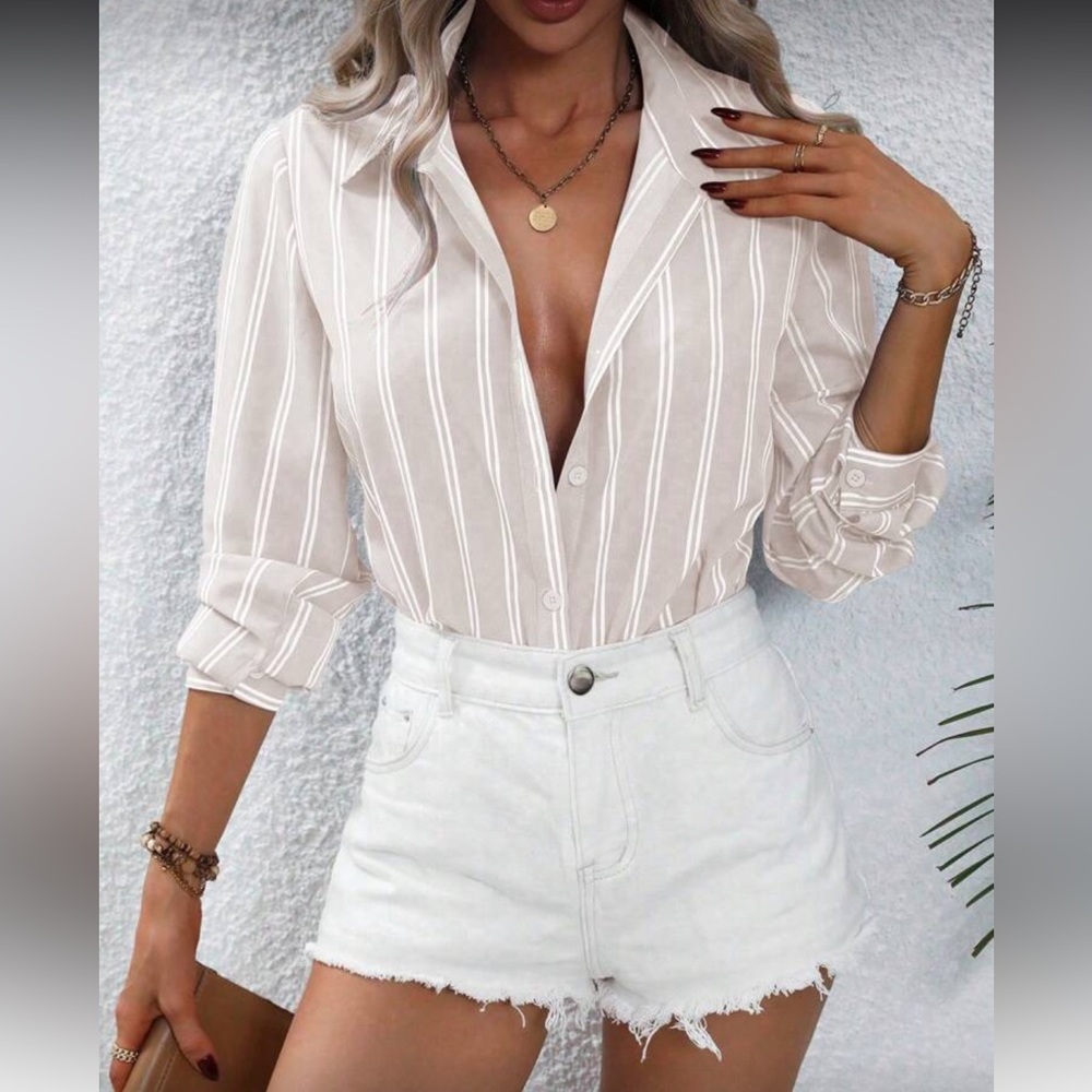 Classic Striped Blouse Button Up Down Shirt Top Blouse Apricot